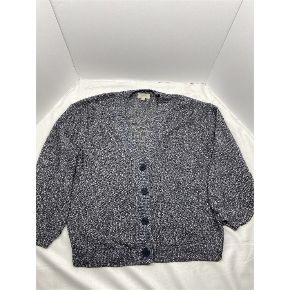 LOFT Outlet Blue White Marled Knit Cardigan Sweater Women's L V-Neck Grandpacore